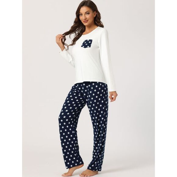 Long Sleeve Sleepwear Lounge Pants with Pockets Pajama Set White - Picture 2 of 5